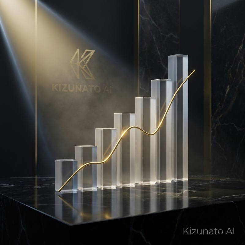 黒い大理石の台に並ぶ透明な棒グラフと、右肩上がりの金色のライン。背景にKizunato AIのロゴ